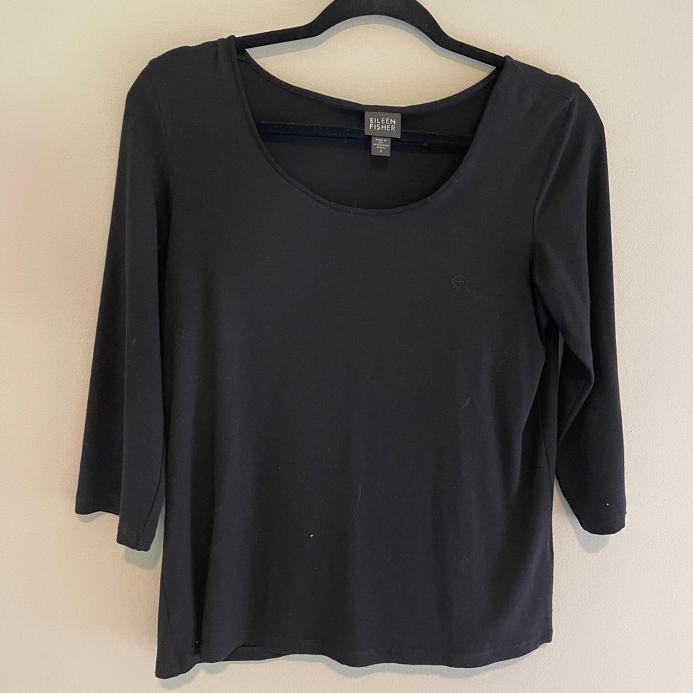 Eileen Fisher Black Scoop Neck 3/4 Sleeve Basic T-Shirt Size Small